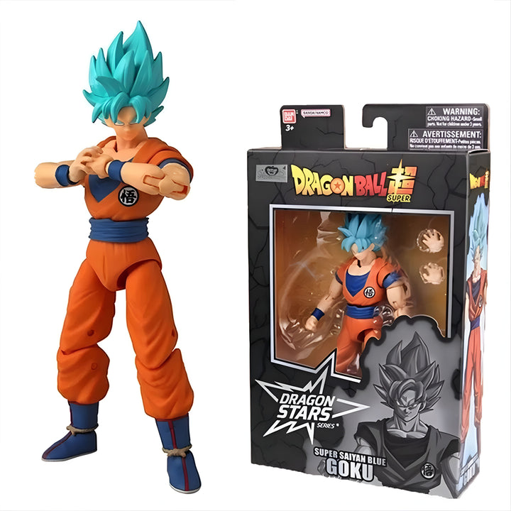 Une figurine de Son Goku, un personnage de Dragon Ball Super. Il est vêtu de son costume orange et bleu et a les cheveux bleus. Il est en position de combat. La figurine est dans une boîte.,FI-9058159612