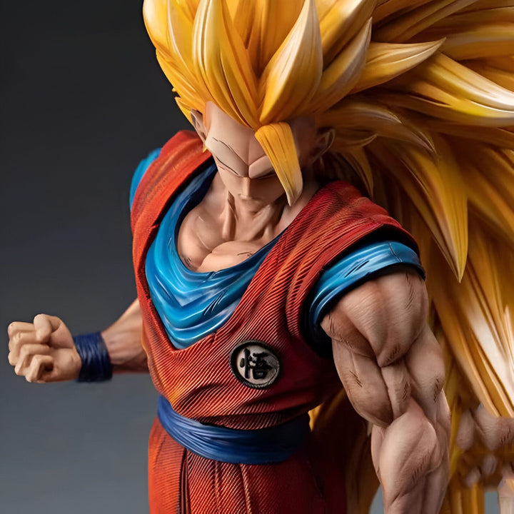 Une image de Son Goku, un personnage de la série animée Dragon Ball Z. Il est représenté avec ses cheveux blonds hérissés, sa combinaison orange et bleue et son regard déterminé.,FI-8547694439