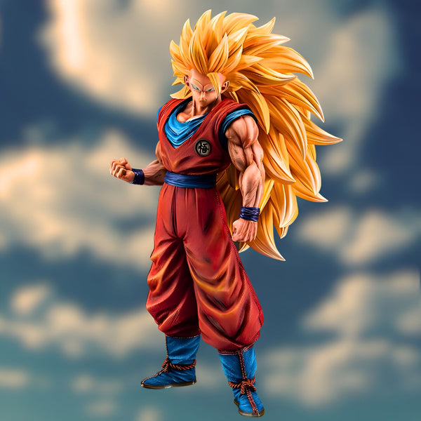 Une figurine de Son Goku, un personnage de la série animée Dragon Ball Z. Il est représenté avec ses cheveux blonds hérissés, sa combinaison orange et bleue, et sa ceinture violette. Il est en position de combat, le poing droit levé.,FI-8547694439