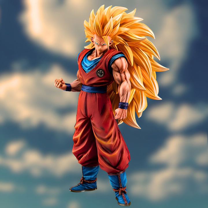 Une figurine de Son Goku, un personnage de la série animée Dragon Ball Z. Il est représenté avec ses cheveux blonds hérissés, sa combinaison orange et bleue, et sa ceinture violette. Il est en position de combat, le poing droit levé.,FI-8547694439