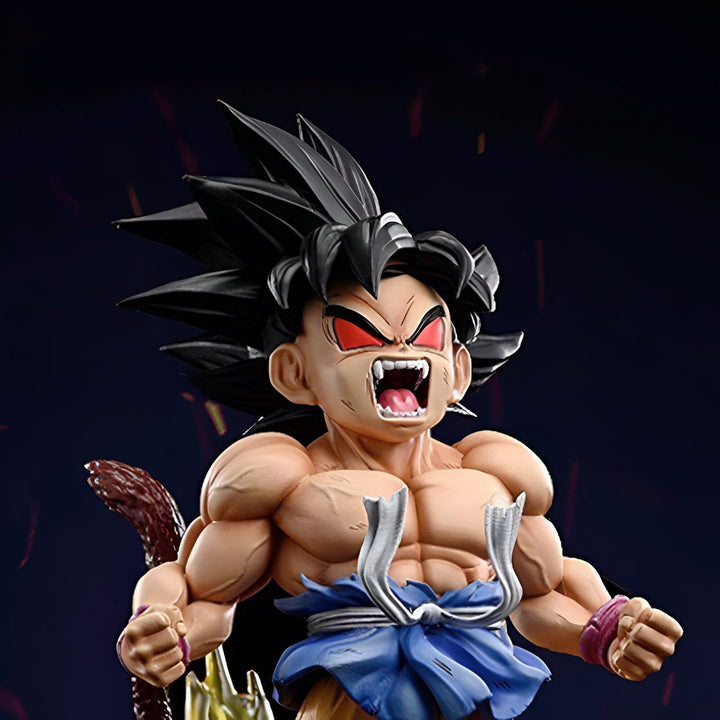 Une figurine de Son Goku, un personnage de Dragon Ball Z. Il est représenté avec les cheveux noirs, les yeux rouges et la peau dorée. Il porte une tenue bleue et une ceinture orange. Il est en position de combat, le poing droit en avant et la jambe gauche en arrière.,FI-5909214225