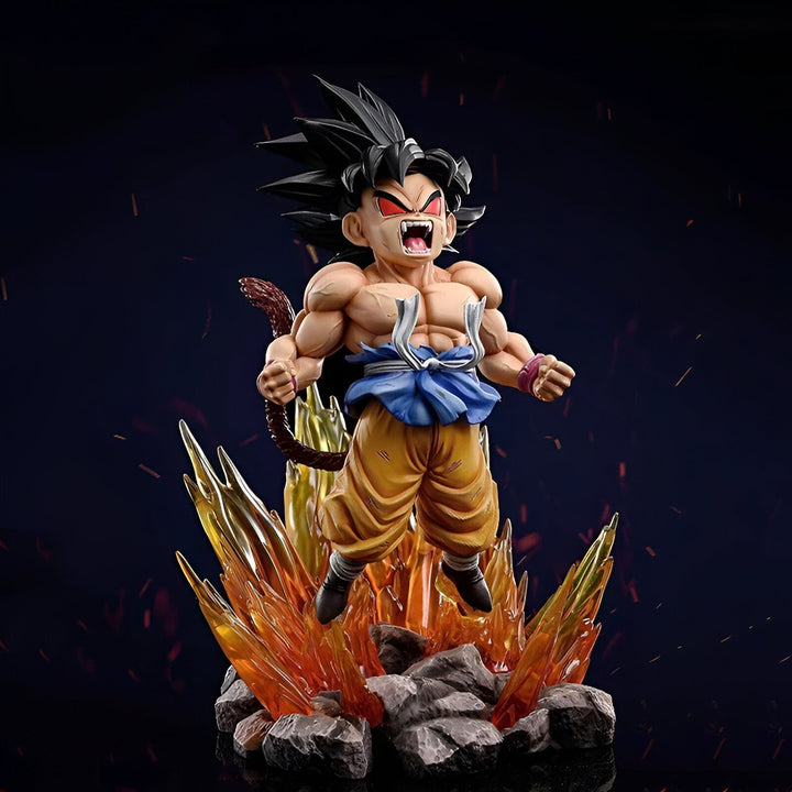 Une figurine de Son Goku, un personnage de Dragon Ball Z, en train de crier et de se transformer en Super Saiyan. Il est entouré de flammes et de rochers.,FI-5909214225
