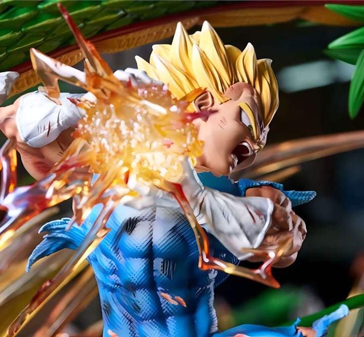 Une figurine de Vegeta, un personnage de Dragon Ball Z, en train de charger son attaque ultime, le Final Flash. Il est entouré d'un halo d'énergie jaune et bleue.,FI-0590362550