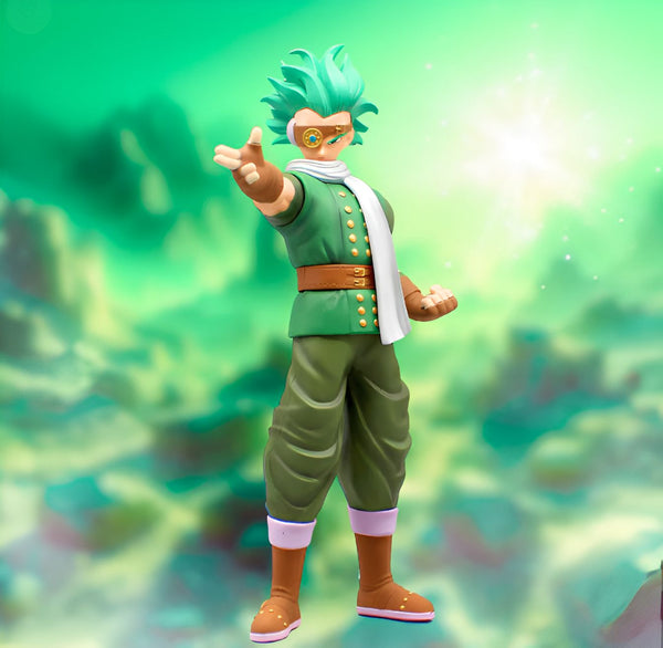 Une figurine de Granolah, un personnage de Dragon Ball Super, est debout dans une position dynamique, prêt à se battre. Il porte une veste verte et un pantalon marron, et a les cheveux verts et les yeux bleus. Il est entouré d'un fond vert clair.,FI-1947958720