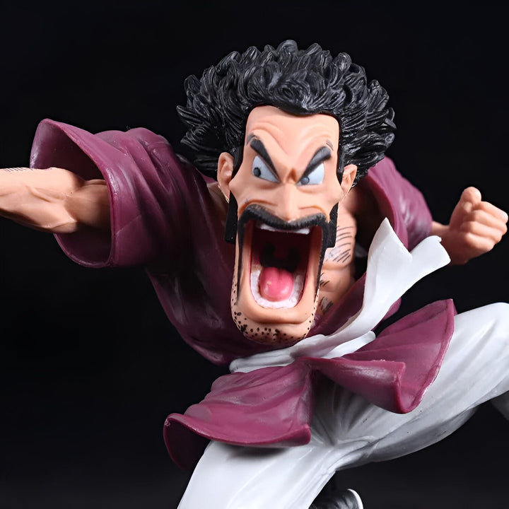 Une figurine de collection de Mr. Satan, un personnage de la série animée Dragon Ball Z. Il est représenté avec ses cheveux noirs et sa moustache, et porte une chemise violette et un pantalon blanc. Il est en position de combat, le poing droit en avant et la jambe gauche en arrière.,FI-8087469151
