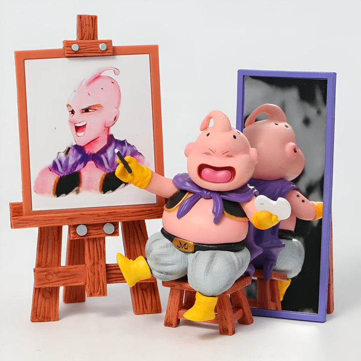 Une figurine de Boo de Dragon Ball Z en train de peindre un tableau de lui-même. Il est assis sur un tabouret devant un chevalet. Il porte une cape violette et un pantalon gris. Il a un sourire narquois sur le visage.,FI-6393990864