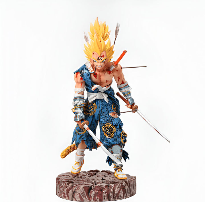 Une figurine de Vegeta, un personnage de Dragon Ball Z, portant une armure de samouraï et tenant deux sabres. Il est blessé et a du sang sur le visage.,FI-994355018X