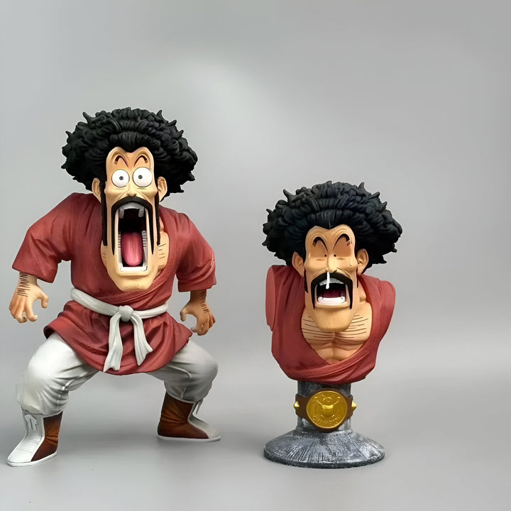 L'image représente deux figurines de collection de Mr. Satan, un personnage de la série animée Dragon Ball Z. La figurine de gauche est une figurine grandeur nature, tandis que la figurine de droite est un buste. Les deux figurines sont en résine et ont été peintes à la main.,FI-5120767672