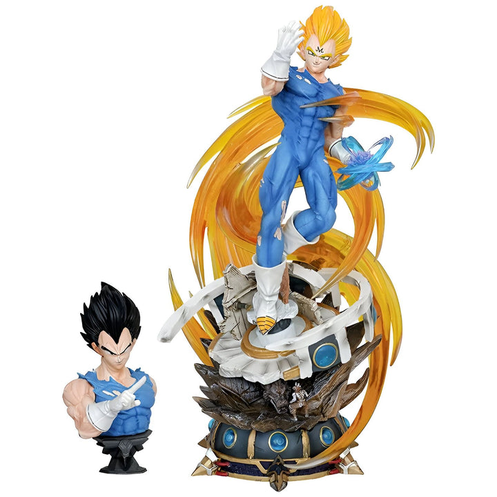 Une figurine de Vegeta, un personnage de Dragon Ball Z. Il est représenté en train de se téléporter, avec une expression déterminée sur le visage. Il porte sa combinaison bleue et jaune caractéristique, et ses cheveux sont blonds. La figurine est posée sur un socle doré et argenté.,FI-6226473231