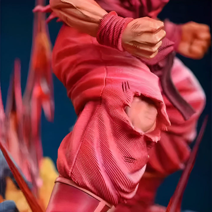 Une image en gros plan de la jambe droite de Son Goku, un personnage de Dragon Ball Z. Il porte un pantalon orange déchiré et sa jambe est musclée.,FI-3386124755