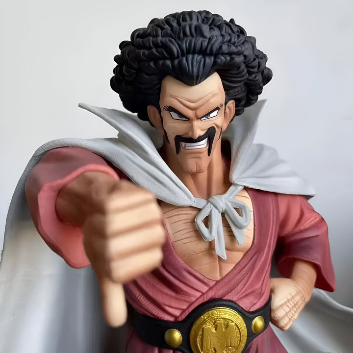 Une figurine de collection de Mister Satan, un personnage de la série Dragon Ball Z. Il est représenté avec son costume de combat, une cape blanche et une ceinture marron. Il a les cheveux noirs et bouclés, et un large sourire sur le visage. Il est en train de pointer du doigt vers le bas.,FI-9890706547