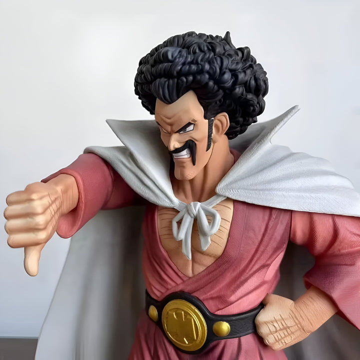 Une figurine de collection de Mister Satan, un personnage de la série animée Dragon Ball Z. Il est représenté avec son costume caractéristique, une cape blanche et une chemise rose, et il est en train de faire un pouce vers le bas.,FI-9890706547