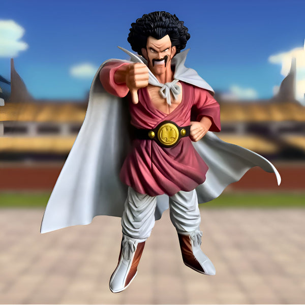 Une figurine de Mr. Satan, un personnage de Dragon Ball Z. Il porte une cape blanche, une ceinture marron avec une boucle dorée, un pantalon blanc et des chaussures marron. Il a les cheveux noirs et une moustache noire. Il est en train de pointer du doigt vers le bas.,FI-9890706547