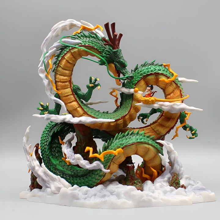 Une image de Shenron, le dragon sacré de la série animée japonaise Dragon Ball Z. Il est vert et doré, et est entouré de nuages et d'éclairs.,FI-208904988X