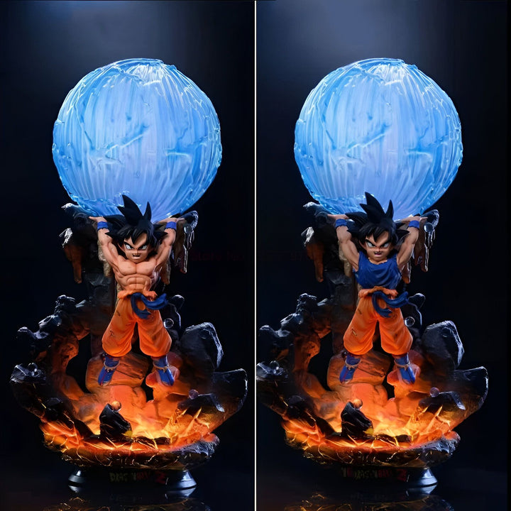 Une image de Son Goku, un personnage de Dragon Ball Z, en train de charger un Genkidama. Il est entouré de flammes et de rochers.,FI-6432615402