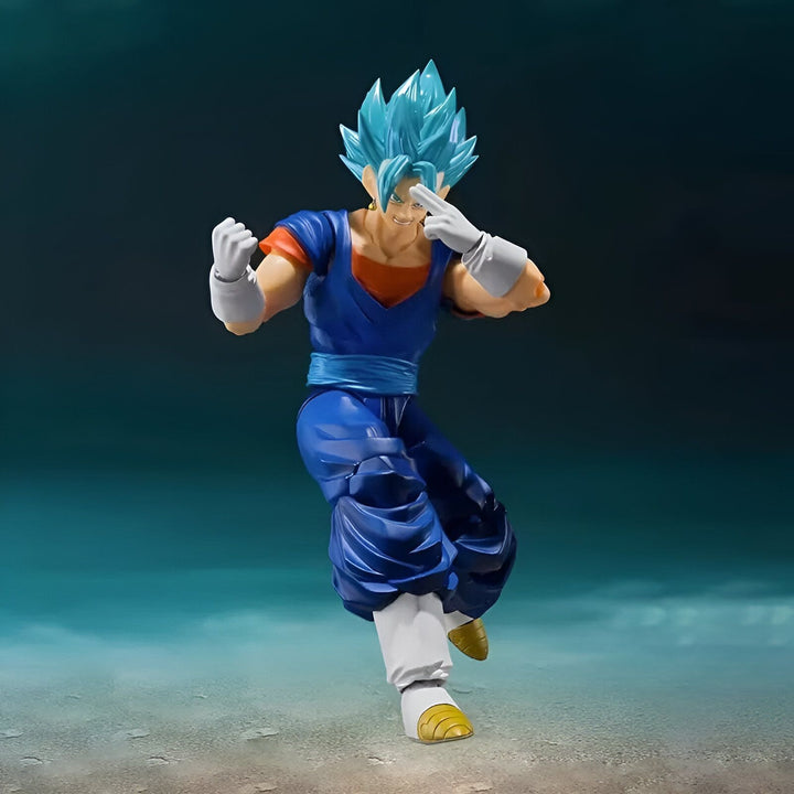Une figurine de Vegeta, un personnage de Dragon Ball Z, dans sa forme "Super Saiyan Blue". Il est vêtu d'une combinaison bleue et orange et a les cheveux bleus. Il est en position de combat.,FI-3974352317