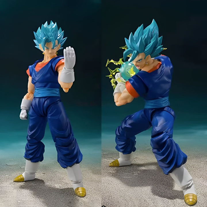 Une figurine de Vegeta, un personnage de Dragon Ball Z, dans sa forme Super Saiyan Blue. Il est vêtu d'une combinaison bleue et blanche et a les cheveux bleus. Il est en position de combat, prêt à lancer une attaque.,FI-3974352317