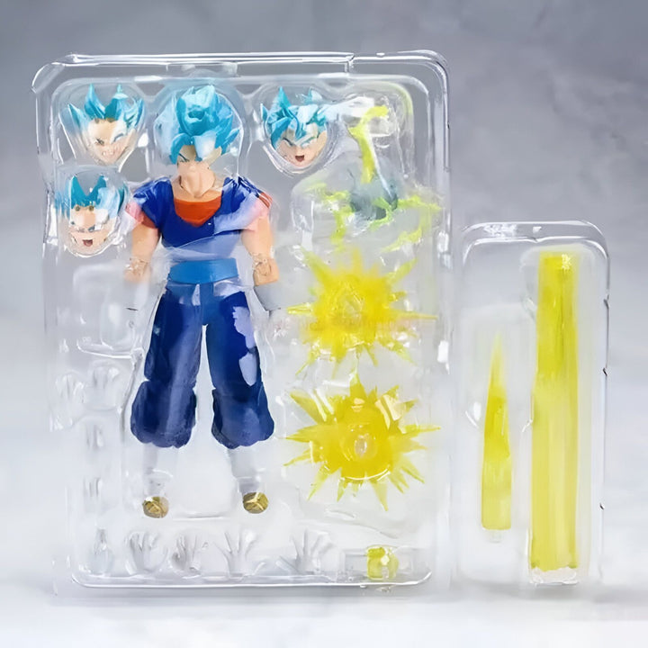 Une figurine de Vegeta, un personnage de Dragon Ball Z, dans sa forme Super Saiyan Blue. La figurine est articulée et possède plusieurs accessoires, comme des têtes interchangeables et des effets d'énergie.,FI-3974352317