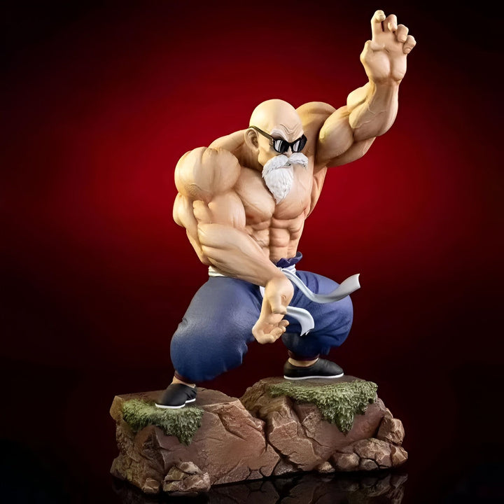 Une figurine de Master Roshi, un personnage de Dragon Ball Z. Il est représenté en train de se battre, avec ses muscles saillants et sa longue barbe blanche. Il porte un pantalon bleu et une chemise blanche, et il est chauve. La figurine est posée sur un socle rocheux.,FI-7252560767