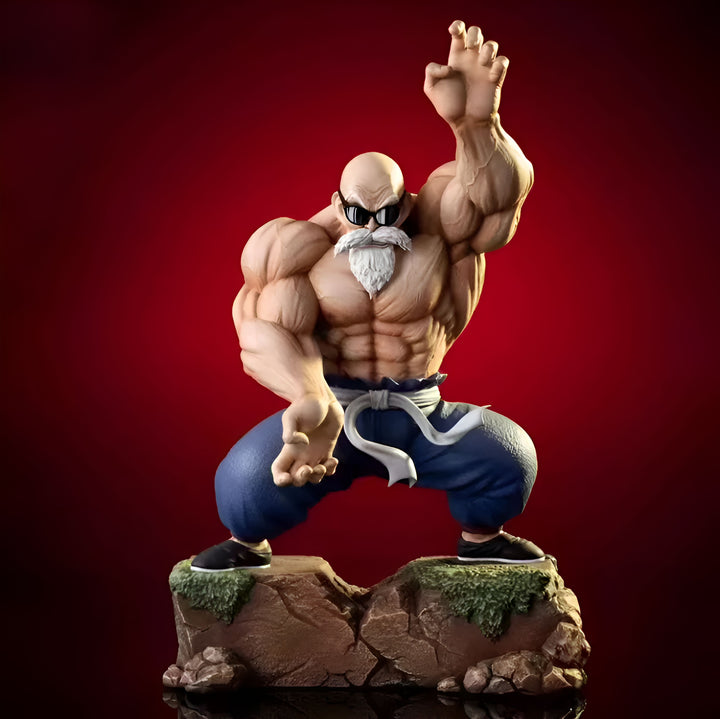 Une figurine de Master Roshi, un personnage de Dragon Ball Z, en train de faire un Kamehameha. Il est vêtu d'un pantalon bleu et d'une chemise blanche, et il a une barbe blanche et des lunettes de soleil. Il est debout sur un rocher, et le fond est rouge.,FI-7252560767