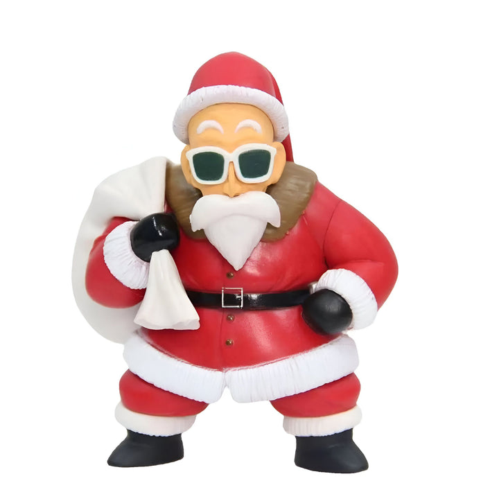 Une figurine de collection représentant le personnage de Maître Roshi de la série Dragon Ball Z. Il est vêtu d'un costume de Père Noël rouge et blanc et porte des lunettes de soleil vertes. Il porte une hotte remplie de cadeaux sur l'épaule.,FI-5075916473