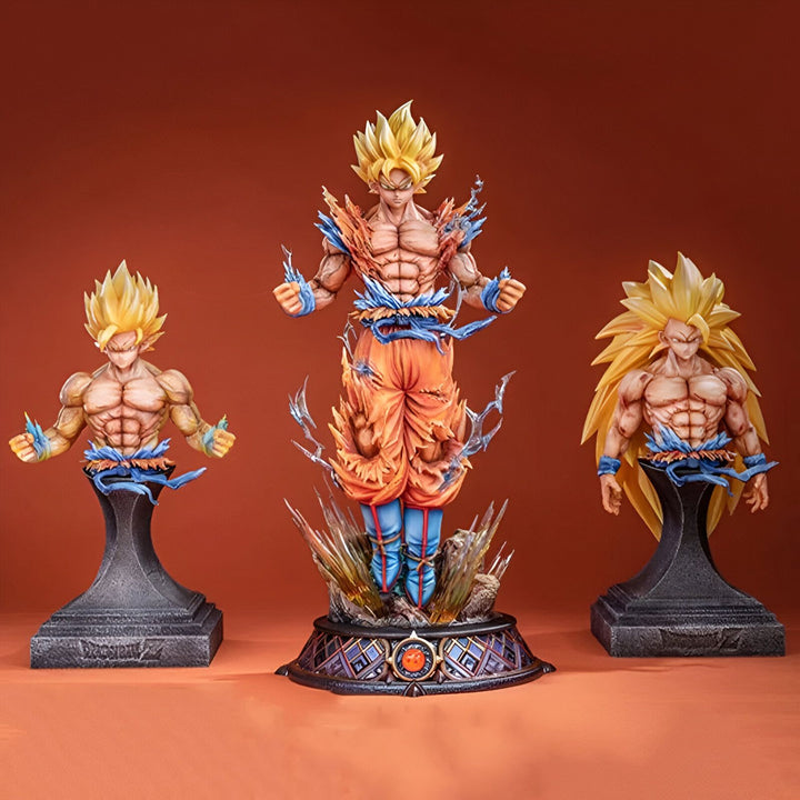 Une image de Son Goku, un personnage de la série animée Dragon Ball Z. Il est représenté en train de se transformer en Super Saiyan 3, avec ses cheveux blonds hérissés et ses muscles saillants. Il porte un gi orange et bleu déchiré et est entouré d'un aura jaune.,FI-9567723079