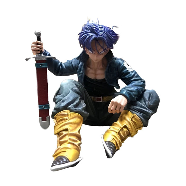 Une figurine de Trunks, un personnage de Dragon Ball Z, assis sur un rocher. Il porte une épée dans son dos et a les cheveux bleus.,FI-6668909108