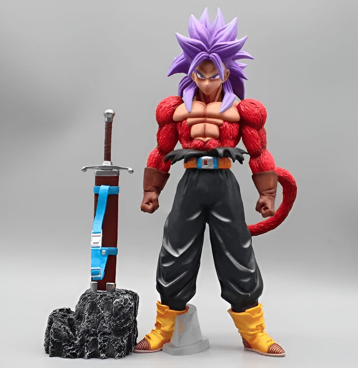 Une figurine de Bardock, un personnage de Dragon Ball Z, avec les cheveux violets et la peau rouge, vêtu d'un pantalon noir et d'une ceinture marron, et tenant une épée dans sa main droite.,FI-1956870172