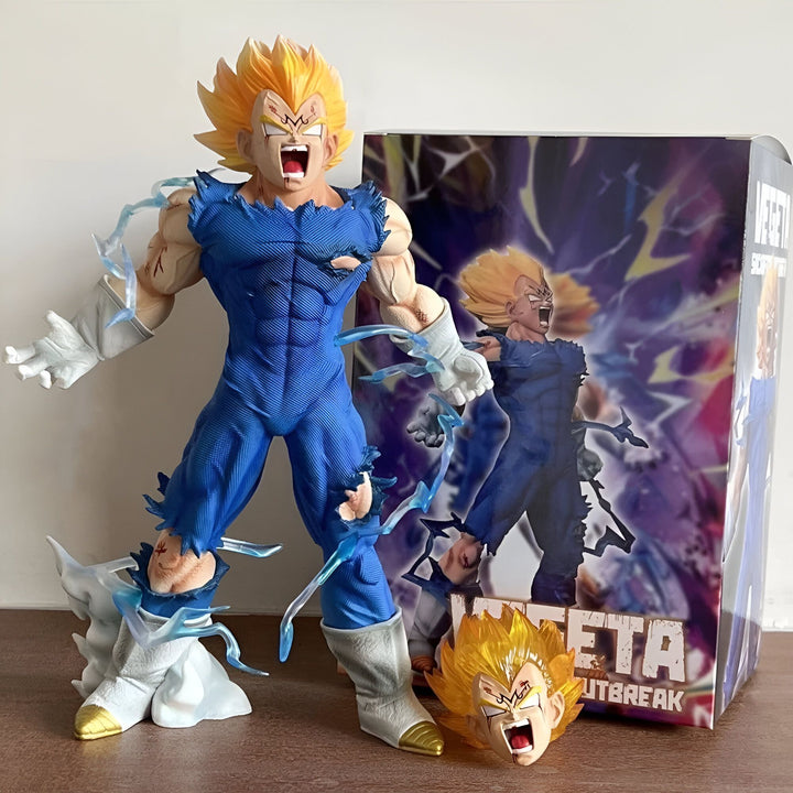 Une figurine de Vegeta, un personnage de la série Dragon Ball Z. Il est représenté dans sa forme Majin, avec les cheveux longs et jaunes, et porte une combinaison bleue déchirée. Il est en train de crier et de se mettre en colère, et est entouré d'éclairs. A côté de lui se trouve sa tête, qui a été arrachée. La figurine est très détaillée et mesure environ 30 cm de haut. Elle est fabriquée en PVC et est livrée dans une boîte.,FI-3019608635