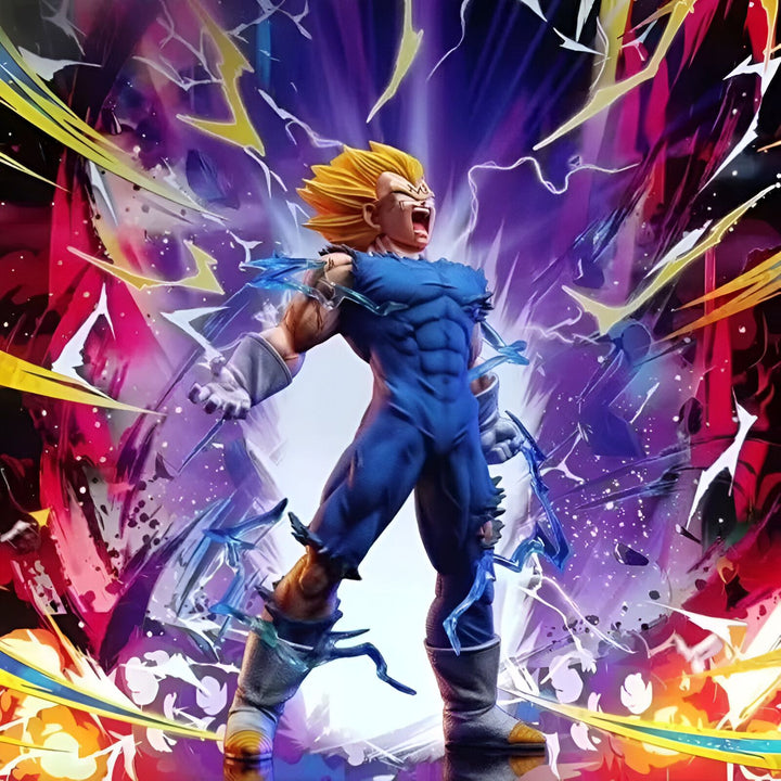 Une image de Vegeta, un personnage de la série Dragon Ball Z. Il est représenté en train de se transformer en Super Saiyan 2, avec les cheveux blonds et les yeux bleus. Il est entouré d'éclairs et de fumée.,FI-3019608635