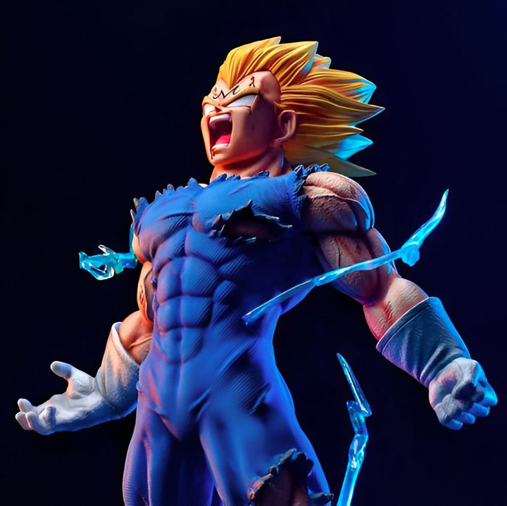 Une figurine de Vegeta, un personnage de Dragon Ball Z, en train de se transformer en Majin Vegeta. Il est entouré d'éclairs bleus et a les cheveux jaunes.,FI-3019608635