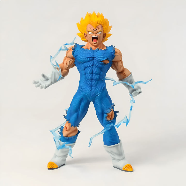 Une figurine de Vegeta, un personnage de la série animée Dragon Ball Z. Il est représenté en train de se transformer en Super Saiyan 2, avec ses cheveux blonds hérissés et ses yeux bleus. Il porte une combinaison bleue déchirée et des bottes blanches. Il est entouré d'éclairs bleus.,FI-3019608635