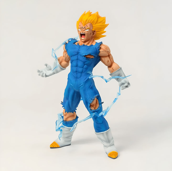 Une figurine de Vegeta, un personnage de la série Dragon Ball Z. Il est représenté en train de se transformer en Super Saiyan 2, avec les cheveux jaunes et les yeux bleus. Il est vêtu d'une combinaison bleue déchirée et de bottes blanches. Il est entouré d'éclairs bleus.,FI-3019608635