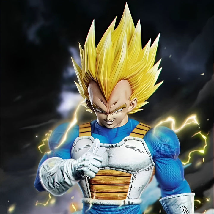 Une image de Vegeta, un personnage de la série Dragon Ball Z. Il est représenté avec ses cheveux blonds hérissés, sa combinaison bleue et jaune et son regard déterminé. Il est entouré d'éclairs.,FI-7981590639