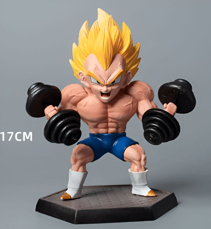 Une figurine de Vegeta, un personnage de Dragon Ball Z, en train de soulever des haltères. Il est vêtu d'un short bleu et de bottes blanches. La figurine est en PVC et mesure 17 cm de haut.,FI-3985104476