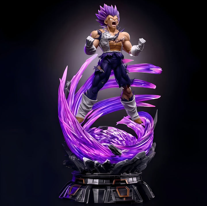 Une figurine de Vegeta, un personnage de Dragon Ball Z, en train de se battre. Il est entouré d'une aura violette et est sur un socle noir et doré.,FI-7276835502