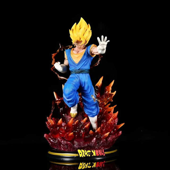 Une figurine de Vegeta, un personnage de Dragon Ball Z, en train de se battre. Il est vêtu d'une combinaison bleue et jaune et est entouré d'énergie jaune.,FI-5282171287