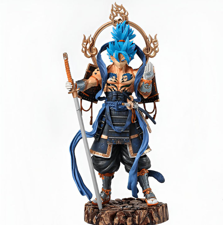 Une figurine de Son Goku, un personnage de la série Dragon Ball Z. Il est vêtu d'une armure de samouraï et tient un sabre dans sa main droite. Il a les cheveux bleus et les yeux bleus.,FI-2910282007