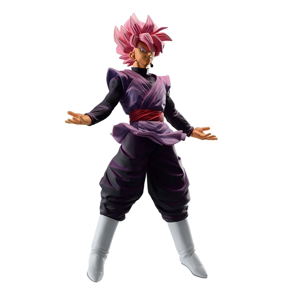 Une figurine de Son Goku, un personnage de Dragon Ball Super, dans sa forme Black. Il a les cheveux roses, les yeux noirs et porte une combinaison noire et violette. Il est en position de combat.,FI-0787839795