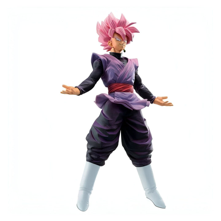Une figurine de Son Goku, un personnage de Dragon Ball Super, dans sa forme Black. Il a les cheveux roses, les yeux noirs et porte une combinaison noire et violette. Il est en position de combat.,FI-0787839795