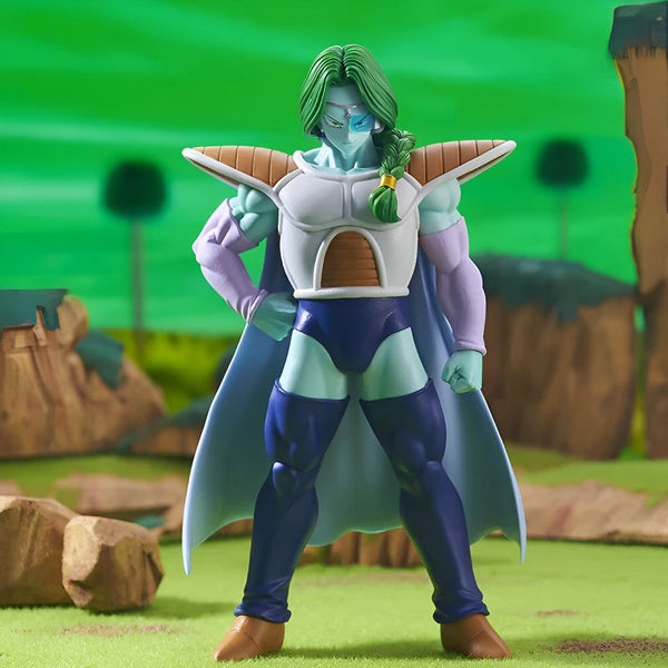 Une figurine de Zarbon, un personnage de Dragon Ball Z. Il est vêtu d'une armure de combat et a les cheveux verts. Il est debout dans un champ et regarde vers la droite.,FI-0212923269