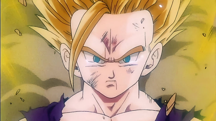Une image de Son Gohan, un personnage de Dragon Ball Z, avec les cheveux jaunes et les yeux bleus, qui est en colère et prêt à se battre.,FI-3616182395