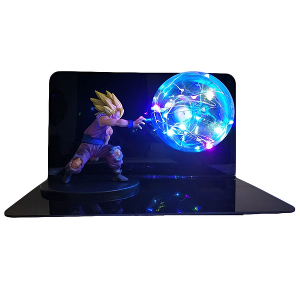Une figurine de Son Goku en train de lancer un Kamehameha. La figurine est éclairée par une lumière bleue.,FI-3616182395