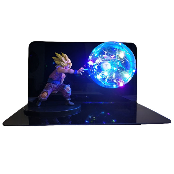 Une figurine de Son Goku en train de lancer un Kamehameha. La figurine est éclairée par une lumière bleue.,FI-3616182395