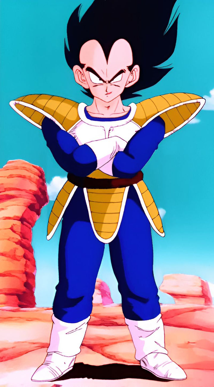 Une image de Vegeta, un personnage de la série animée Dragon Ball Z. Il est vêtu d'une combinaison bleue et jaune et a les cheveux noirs hérissés. Il est debout dans le désert et regarde vers la droite.,FI-4208578211