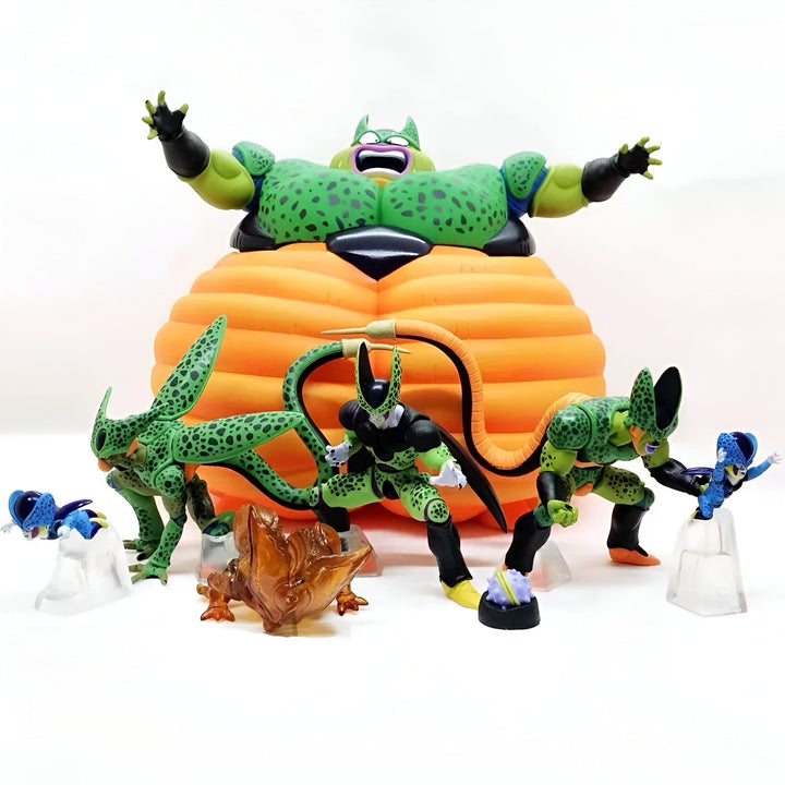 Une image de plusieurs figurines de la série Dragon Ball Z. On peut y voir Cell, le principal antagoniste de la saga Cell, ainsi que ses différentes formes, depuis sa première apparition jusqu'à sa forme parfaite.,FI-5763420926