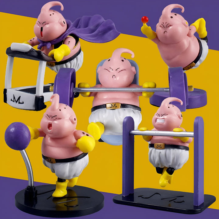 L'image représente cinq figurines de Majin Buu, un personnage de la série animée Dragon Ball Z. Les figurines sont en train de faire de l'exercice. Majin Buu est un personnage rose avec des antennes et une queue. Il est vêtu d'un pantalon blanc et d'un gilet jaune.,FI-9424726554
