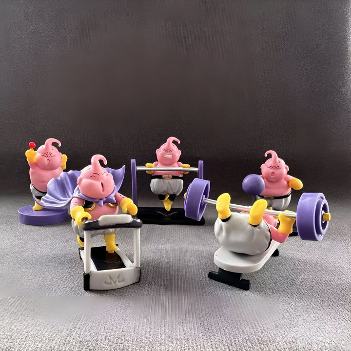 L'image représente cinq figurines du personnage Majin Buu de la série Dragon Ball Z. Les figurines sont en train de s'entraîner dans une salle de sport. Majin Buu est en train de courir sur un tapis de course, de soulever des poids et de faire des exercices avec un ballon et un banc de musculation.,FI-9424726554