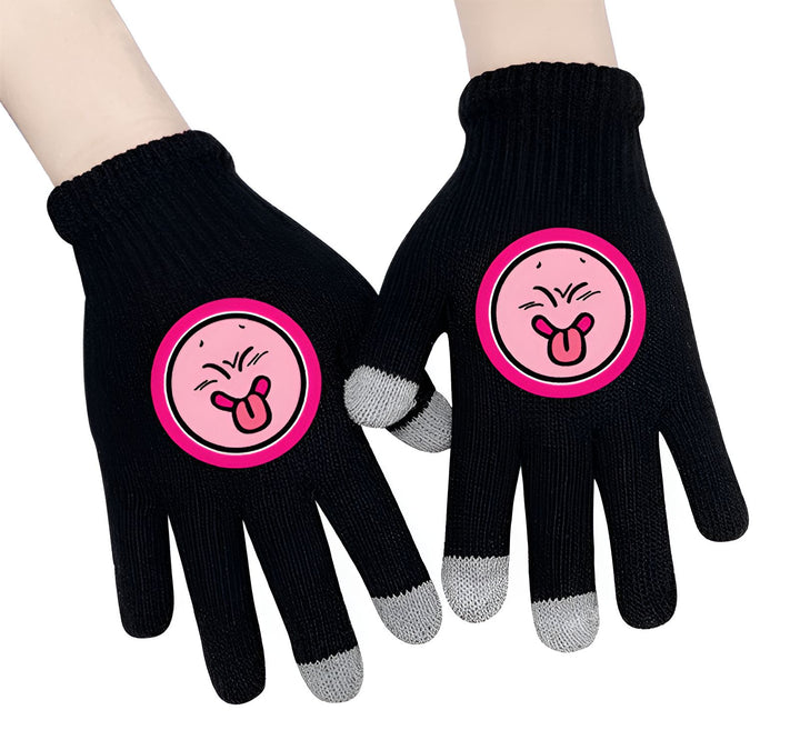 Une paire de gants noirs avec un smiley rose qui tire la langue sur chaque gant.,GA-5650701644