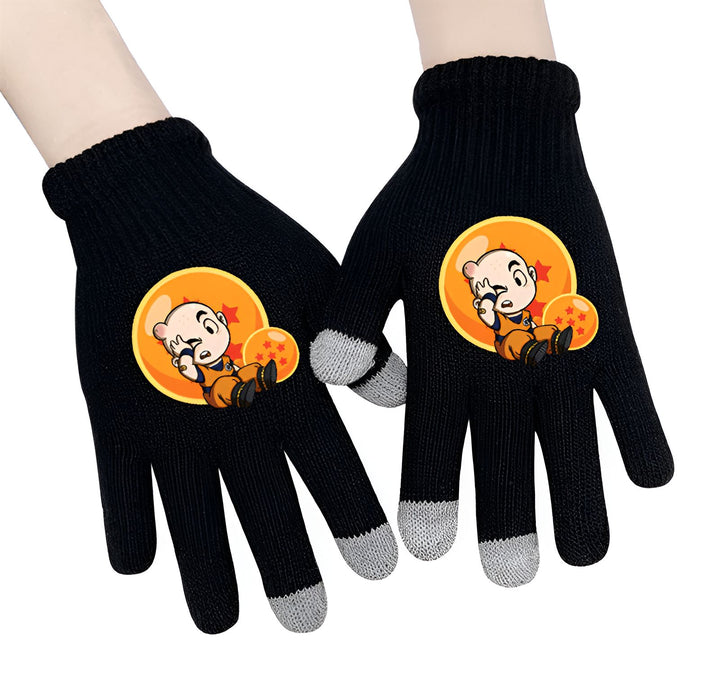 Une paire de gants noirs en laine avec un motif représentant le personnage Krilin de la série Dragon Ball Z.,GA-9611016301